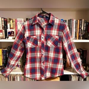 SISONS Vintage Red Blue Plaid Flannel Shirt 1960 Women’s S Made in Hong Kong EUC